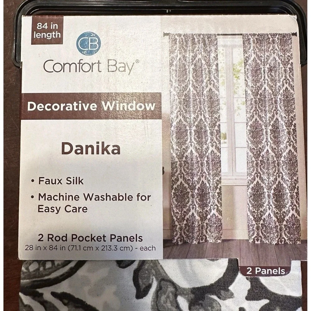 Comfort Bay Curtain Panels 28x84 Grey White‎ Faux Silk Damask Rod Pocket
